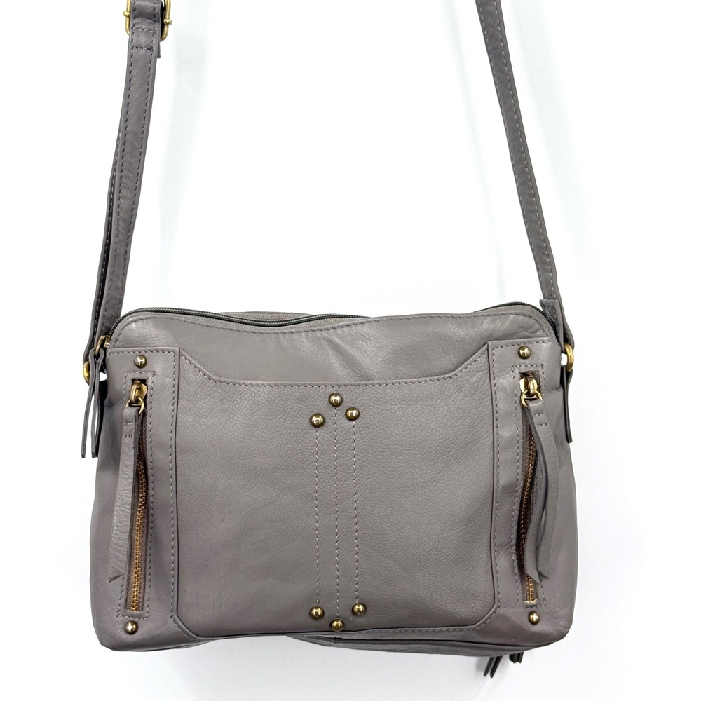Vtg Y2K Great American Leather Gray Studded Crossbody Bag Cowhide‎ Leather Purse